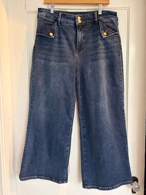 Kut from the Kloth Meg Dark Blue Wide-Leg Jeans with Gold Buttons Size 14
